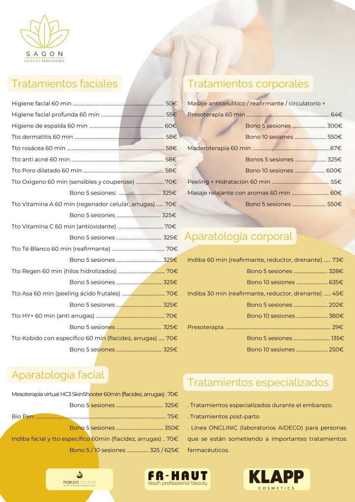 Flyer de Tarifas de tratamientos facialaes, aparatología facial, tratamientos corporales y aparatología corporal y tratamientos especializados
